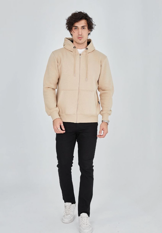 ERKEK Tam Fermuarlı Kapşonlu  SweatShirt - Bej