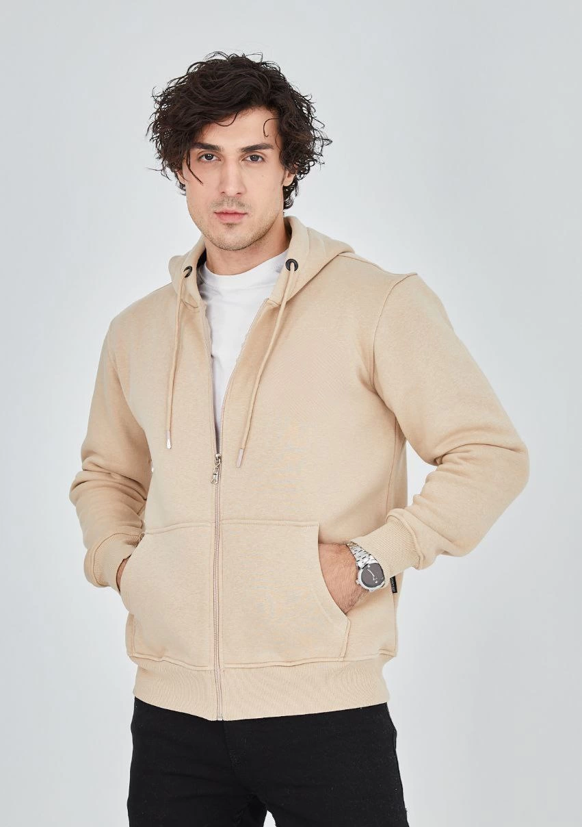 ERKEK Tam Fermuarlı Kapşonlu  SweatShirt - Bej
