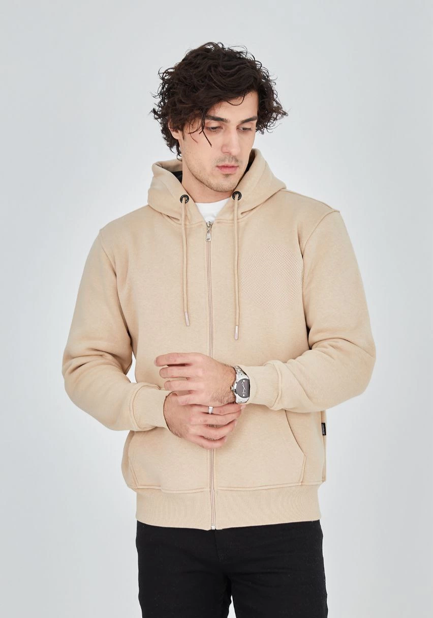 ERKEK Tam Fermuarlı Kapşonlu  SweatShirt - Bej