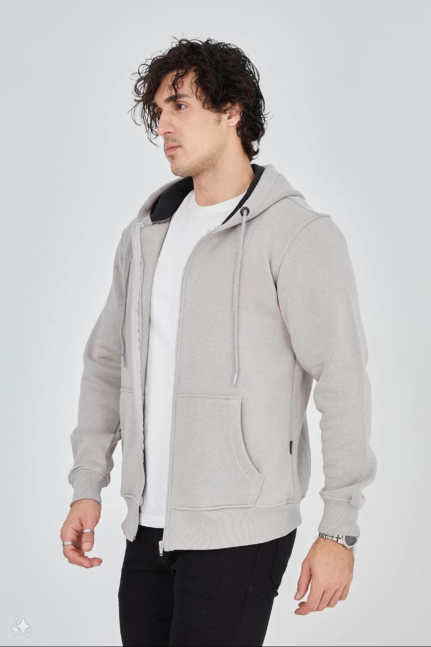 ERKEK Tam Fermuarlı Kapşonlu  SweatShirt - Boyalı Gri