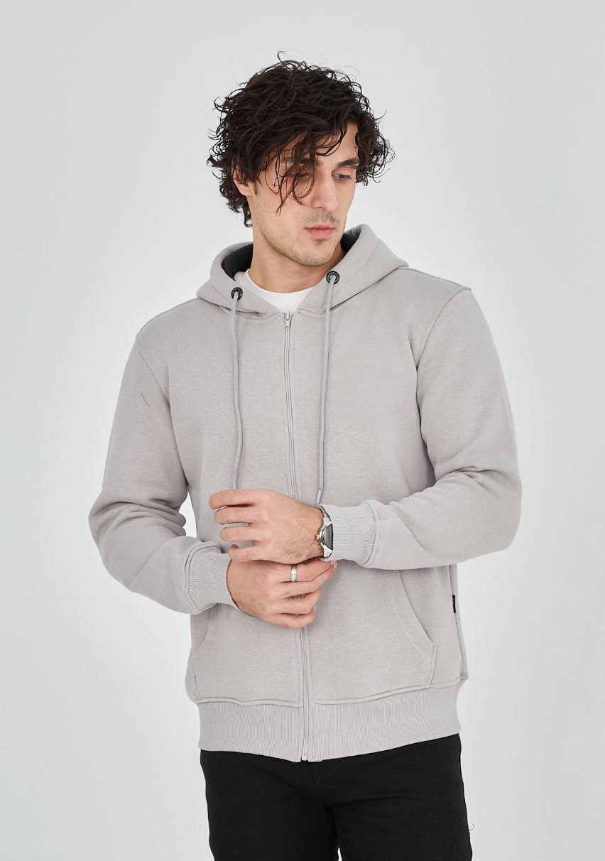 ERKEK Tam Fermuarlı Kapşonlu  SweatShirt - Boyalı Gri