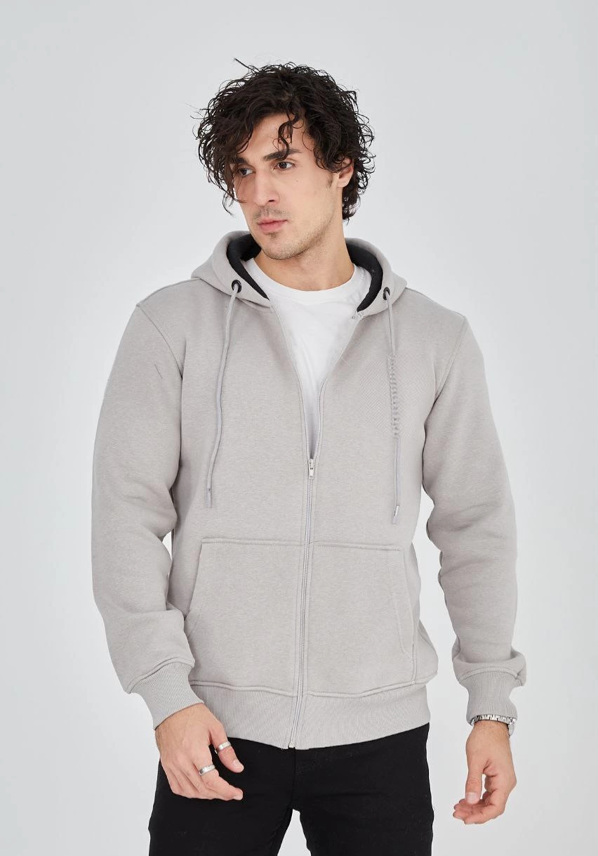 ERKEK Tam Fermuarlı Kapşonlu  SweatShirt - Boyalı Gri