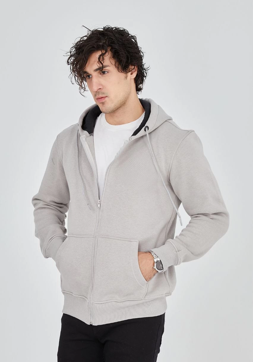 ERKEK Tam Fermuarlı Kapşonlu  SweatShirt - Boyalı Gri