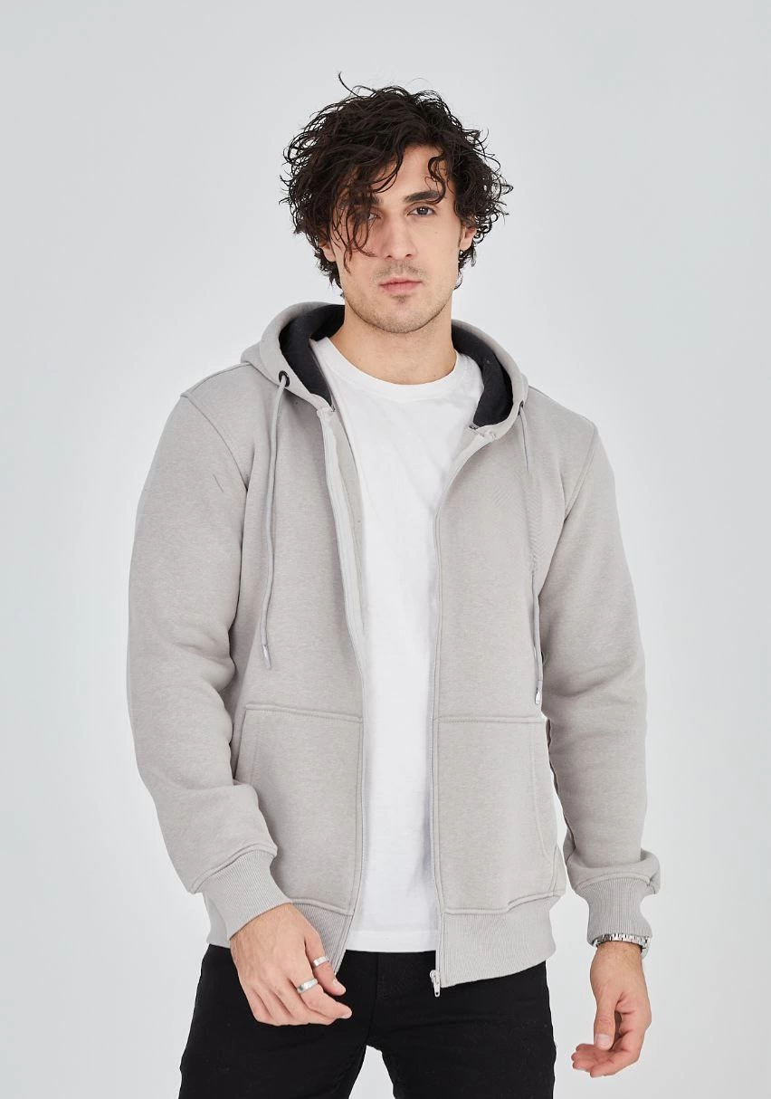 ERKEK Tam Fermuarlı Kapşonlu  SweatShirt - Boyalı Gri