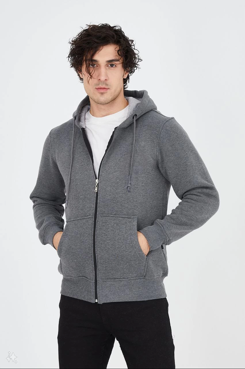 ERKEK Tam Fermuarlı Kapşonlu  SweatShirt - Füme