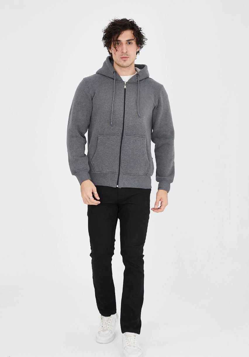 ERKEK Tam Fermuarlı Kapşonlu  SweatShirt - Füme