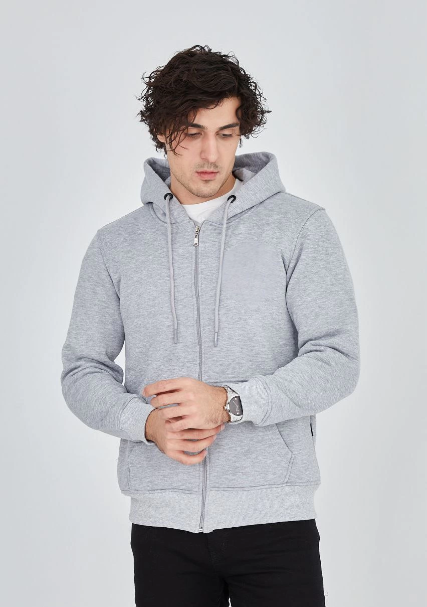 ERKEK Tam Fermuarlı Kapşonlu  SweatShirt - Gri