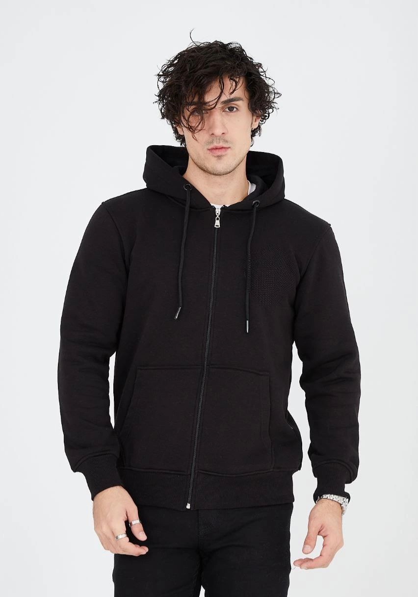 ERKEK Tam Fermuarlı Kapşonlu  SweatShirt - Siyah