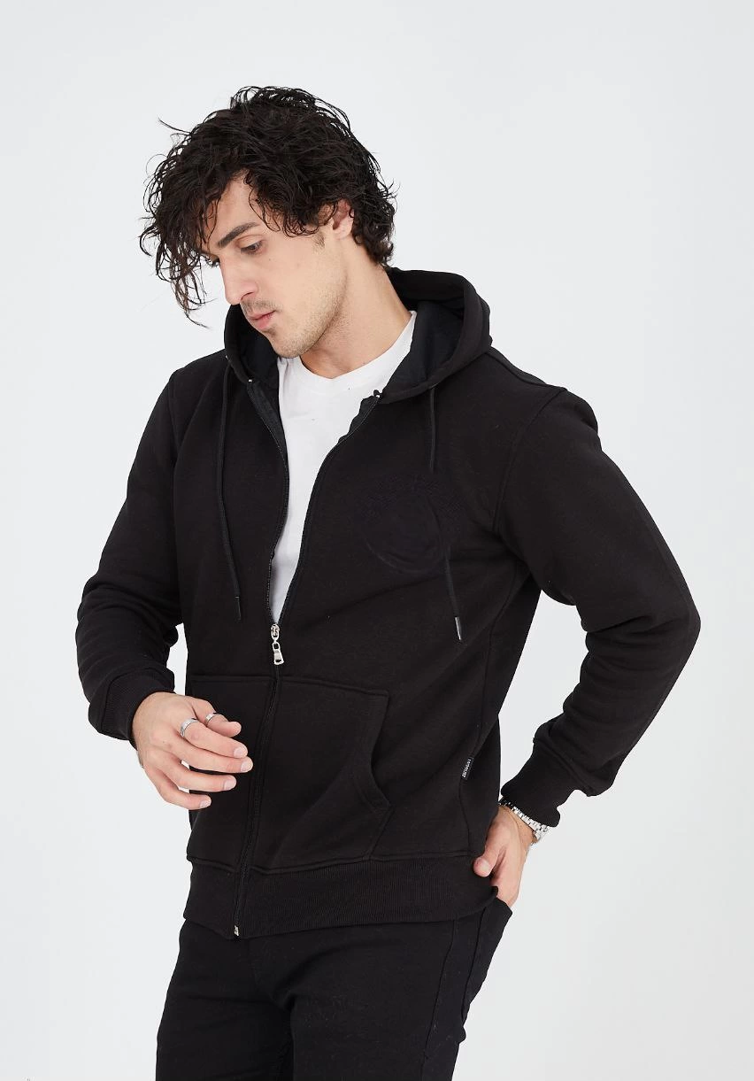 ERKEK Tam Fermuarlı Kapşonlu  SweatShirt - Siyah