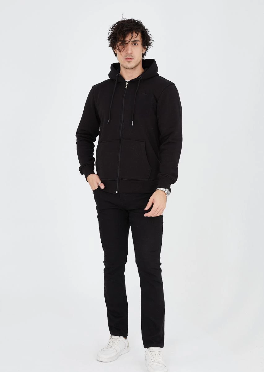 ERKEK Tam Fermuarlı Kapşonlu  SweatShirt - Siyah