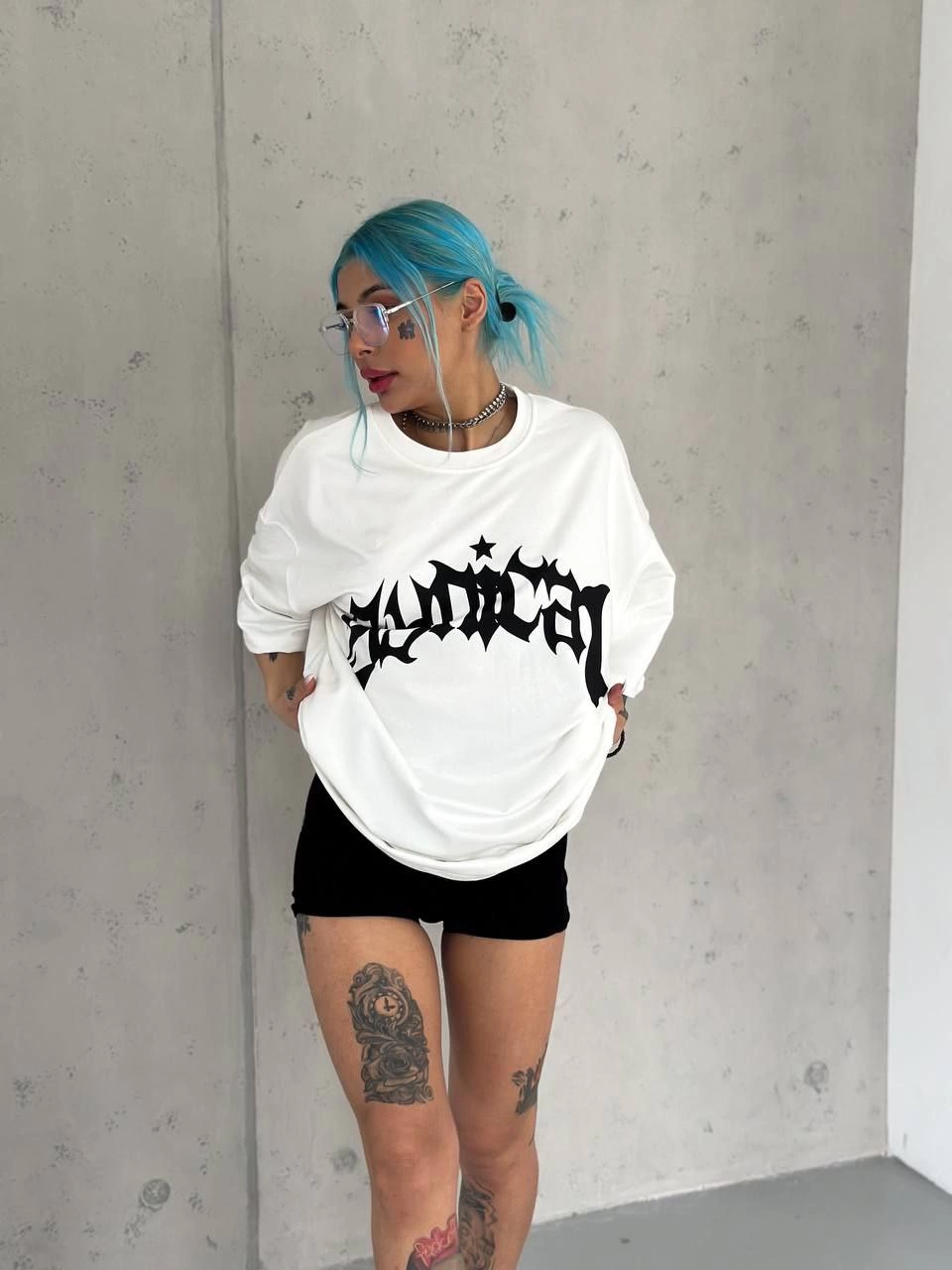 Kadın Baskıkı Bisiklet Yaka T-Shirt - Beyaz