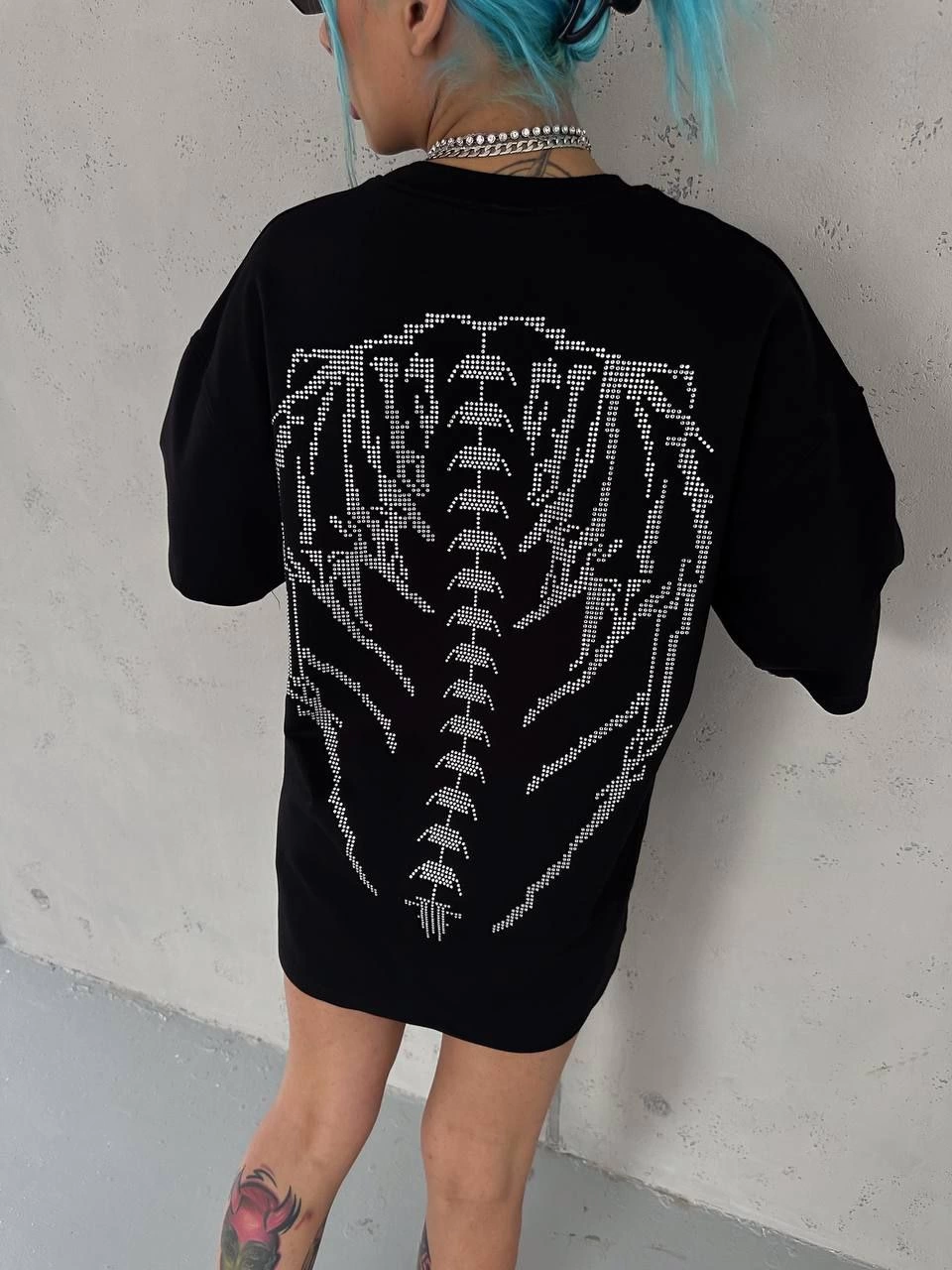 Kadın Baskılı Bisiklet Yaka T-Shirt - Siyah