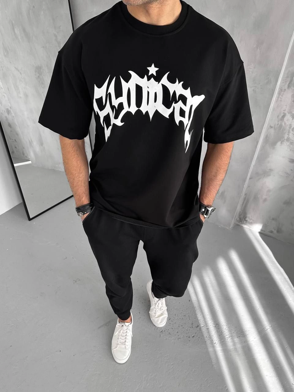 Erkek Baskılı Bisiklet Yaka T-Shirt - Siyah