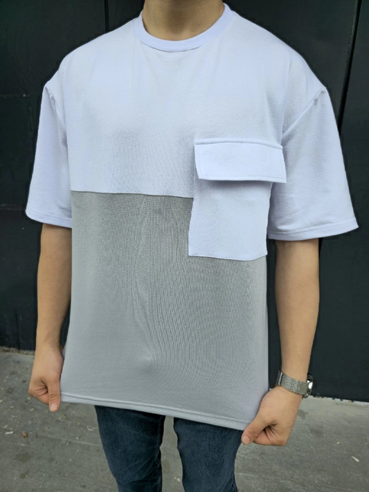 Erkek  Torba Cep Detaylı Parçalı T-Shirt - Gri
