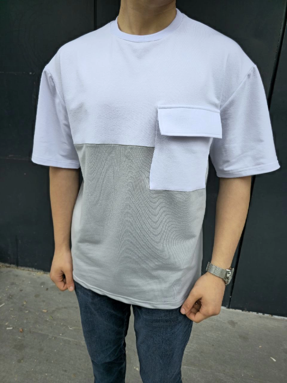 Erkek  Torba Cep Detaylı Parçalı T-Shirt - Gri