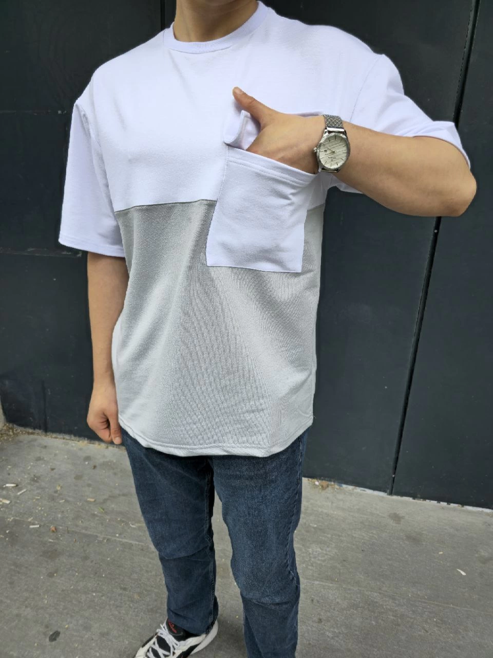 Erkek  Torba Cep Detaylı Parçalı T-Shirt - Gri
