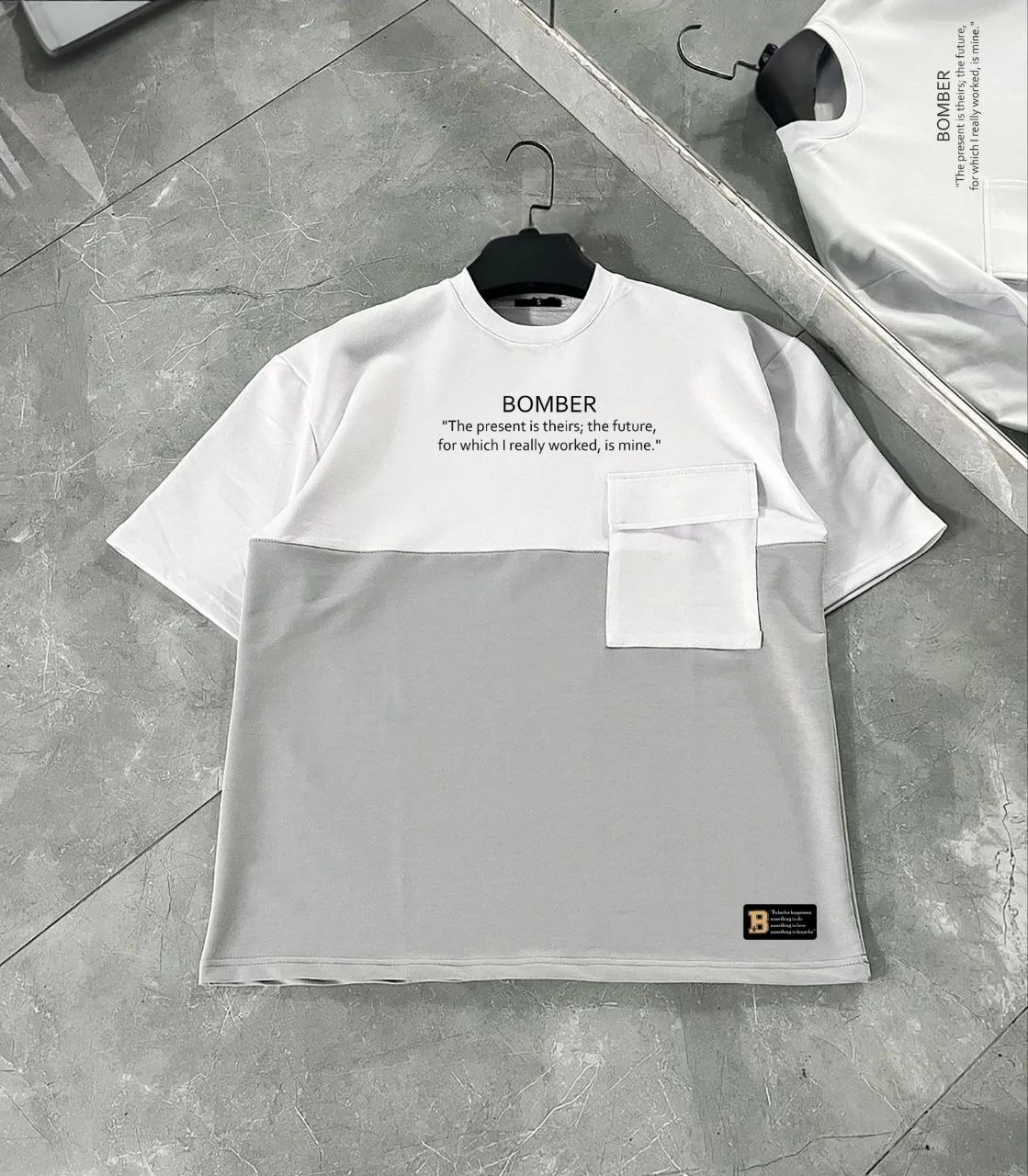 ERKEK Torba Cep Detaylı  Parçalı T-Shirt - Gri