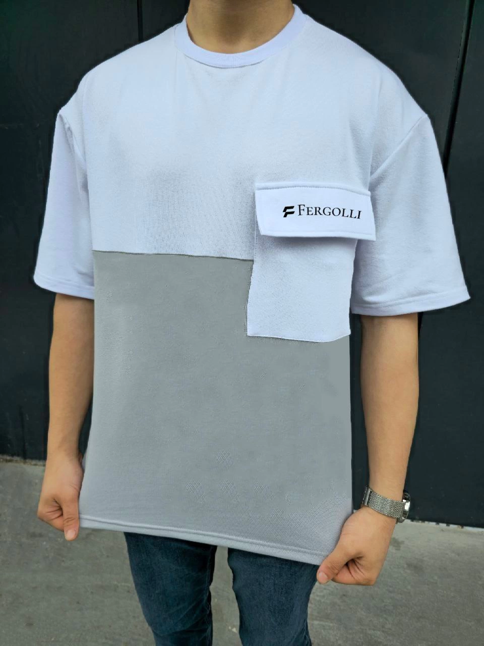 ERKEK Torba Cep Detaylı  Parçalı T-Shirt - Gri