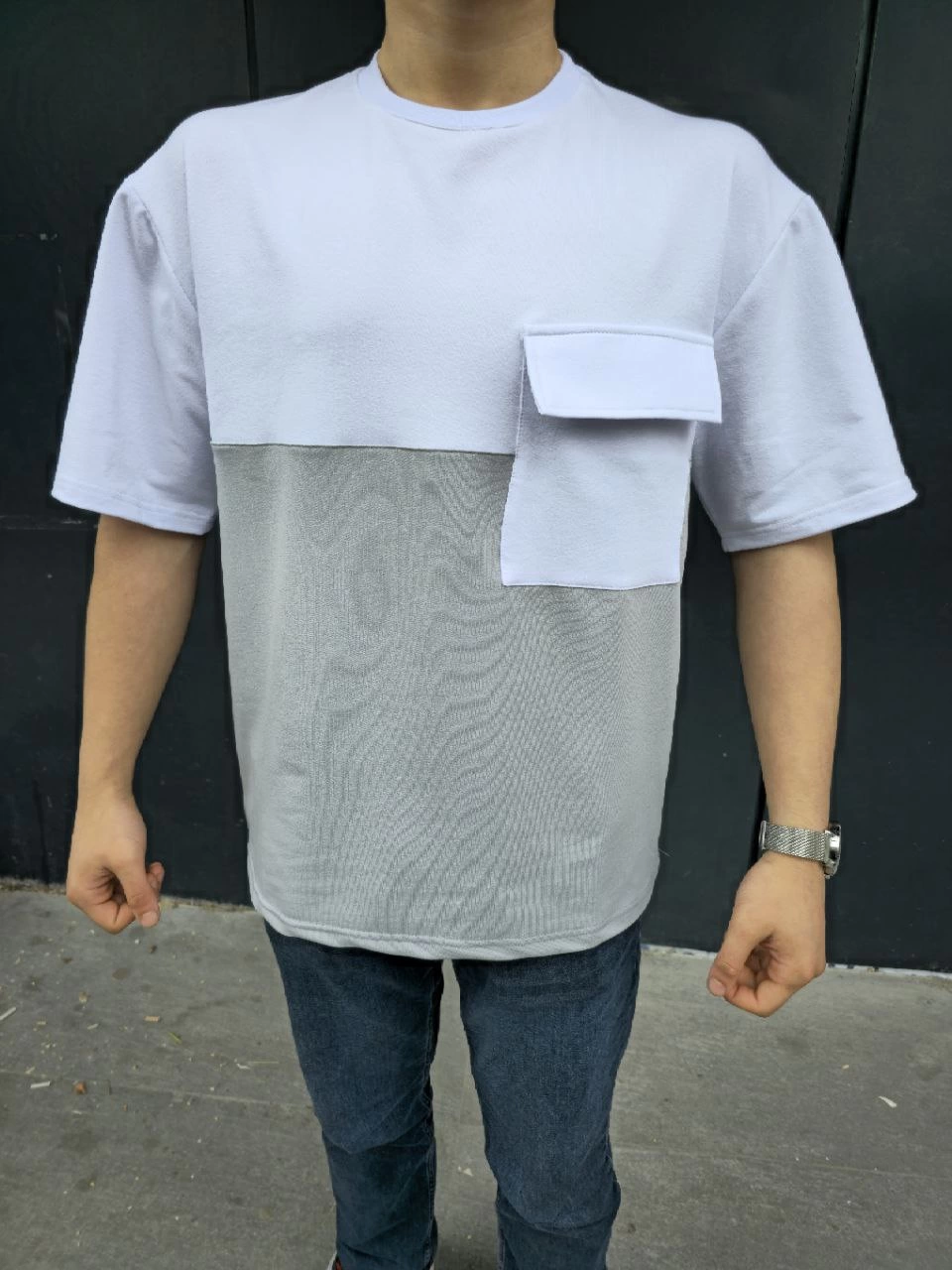 Erkek  Torba Cep Detaylı Parçalı T-Shirt - Gri