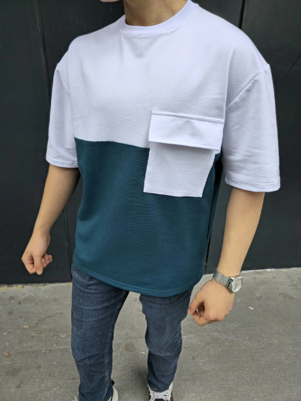 Erkek Torba Cep Detaylı Parçalı T-Shirt - Lacivert