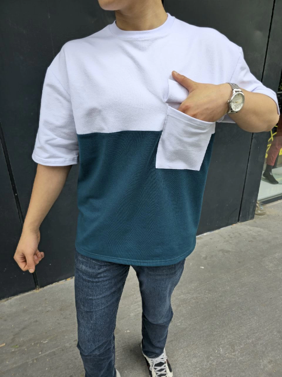 Erkek Torba Cep Detaylı Parçalı T-Shirt - Lacivert