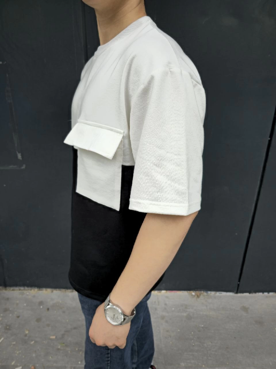 Erkek Torba Cep Detaylı Parçalı T-Shirt - Siyah