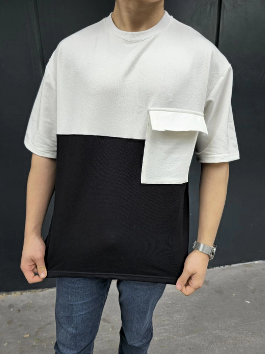 Erkek Torba Cep Detaylı Parçalı T-Shirt - Siyah