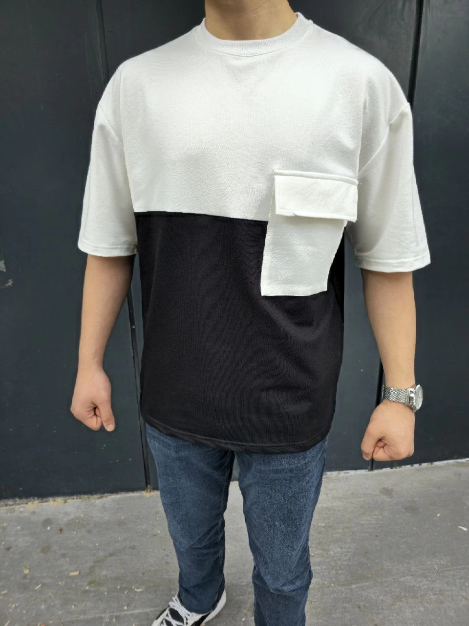 Erkek Torba Cep Detaylı Parçalı T-Shirt - Siyah