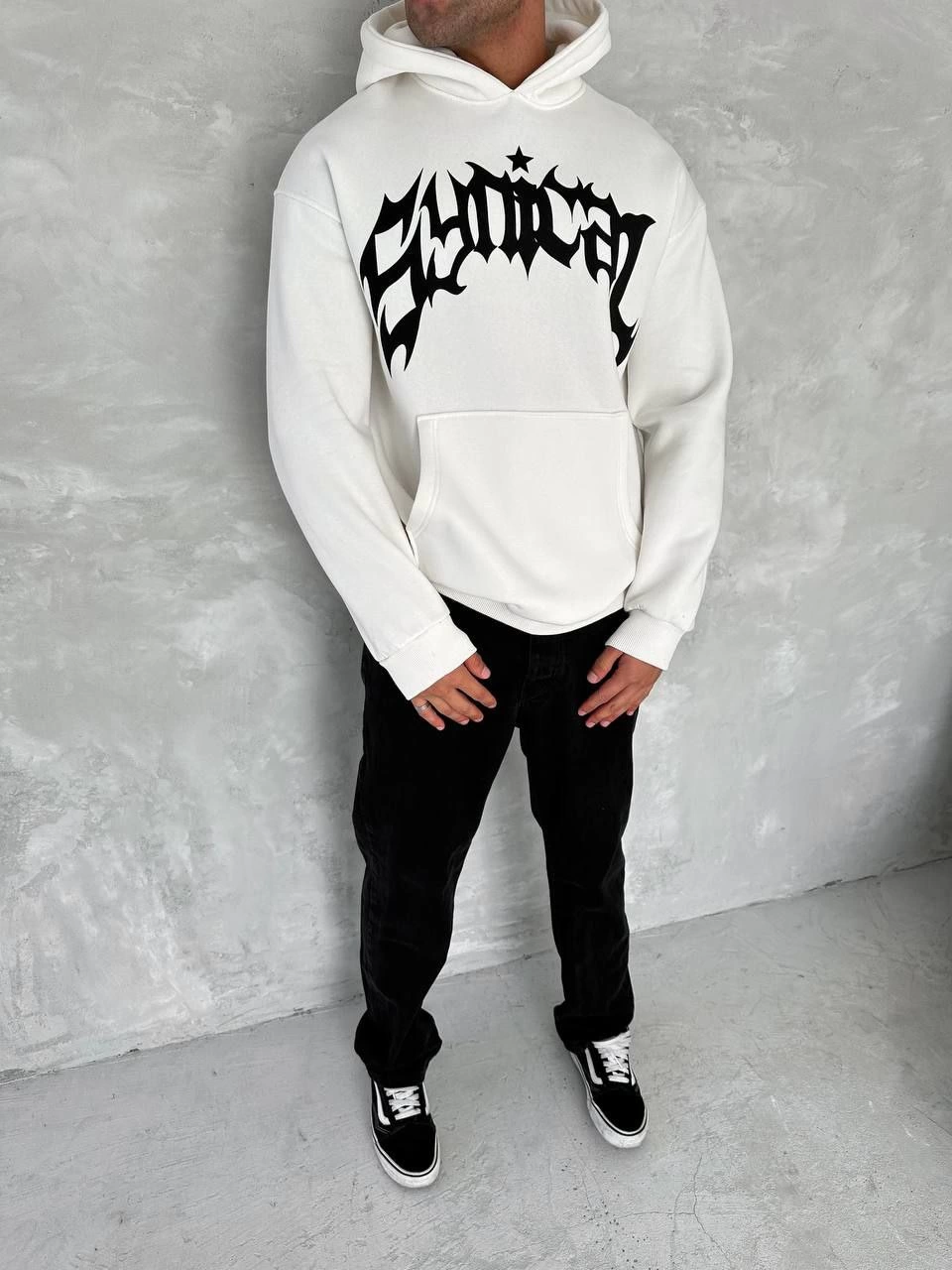 ERKEK Üç İplik Kapüşonlu Baskılı SweatShirt - Beyaz