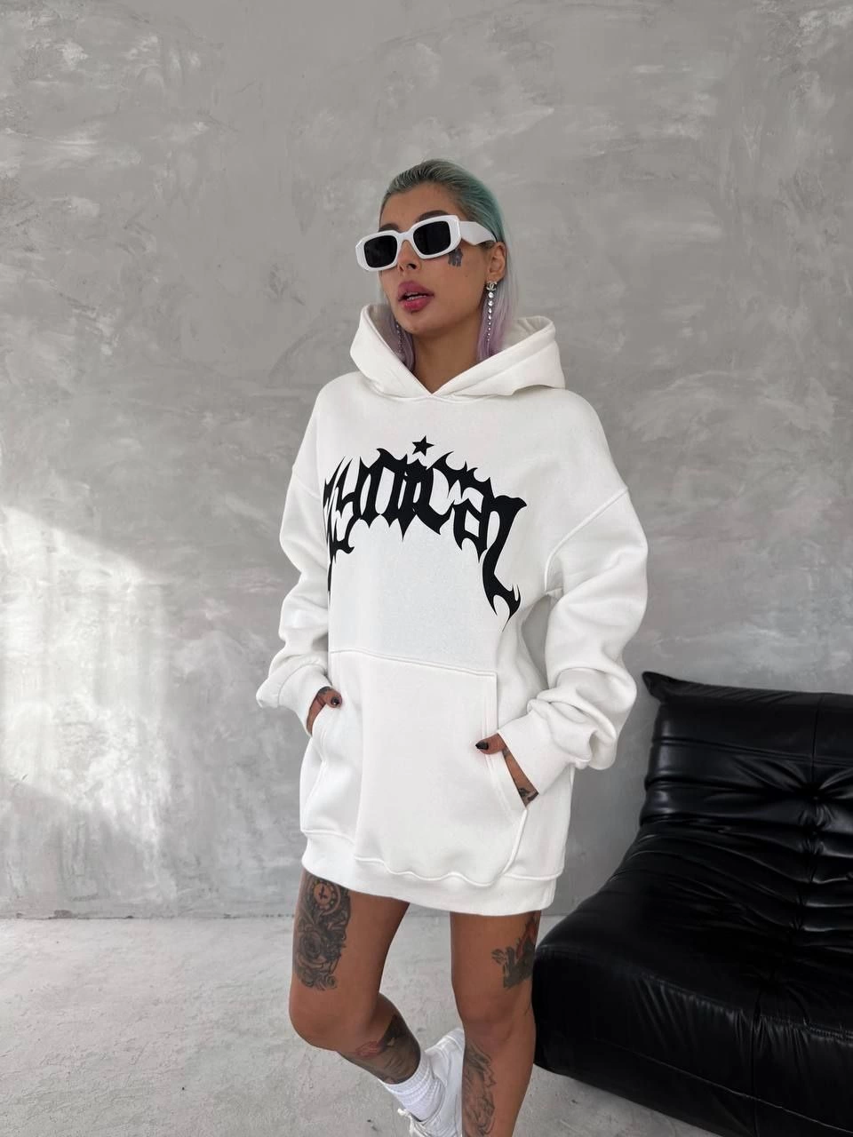 kadın Üç İplik Kapüşonlu Baskılı SweatShirt - Beyaz