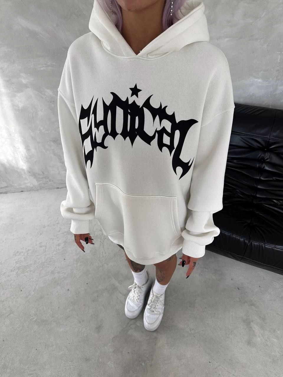 kadın Üç İplik Kapüşonlu Baskılı SweatShirt - Beyaz