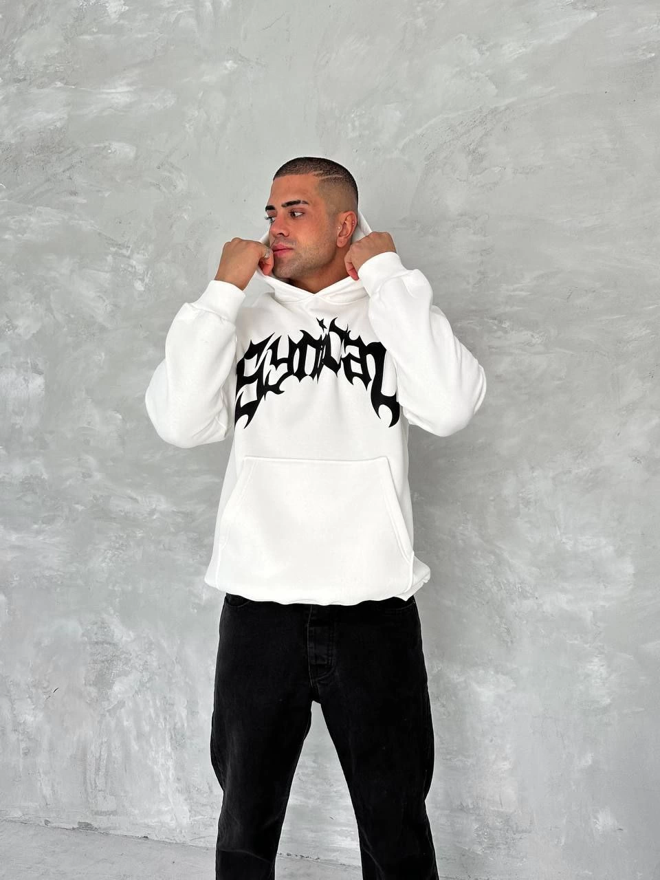 ERKEK Üç İplik Kapüşonlu Baskılı SweatShirt - Beyaz