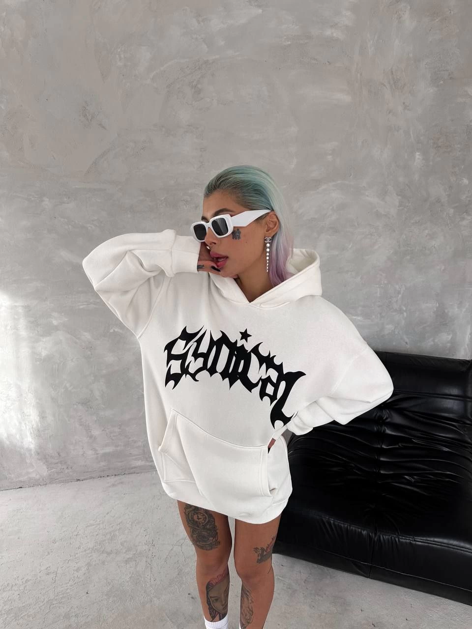kadın Üç İplik Kapüşonlu Baskılı SweatShirt - Beyaz