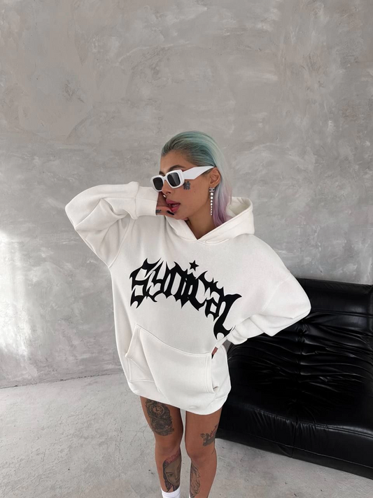 kadın Üç İplik Kapüşonlu Baskılı SweatShirt - Beyaz