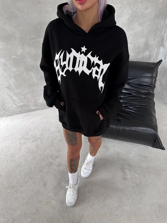 Kadın Üç İplik Kapüşonlu Baskılı SweatShirt - Siyah