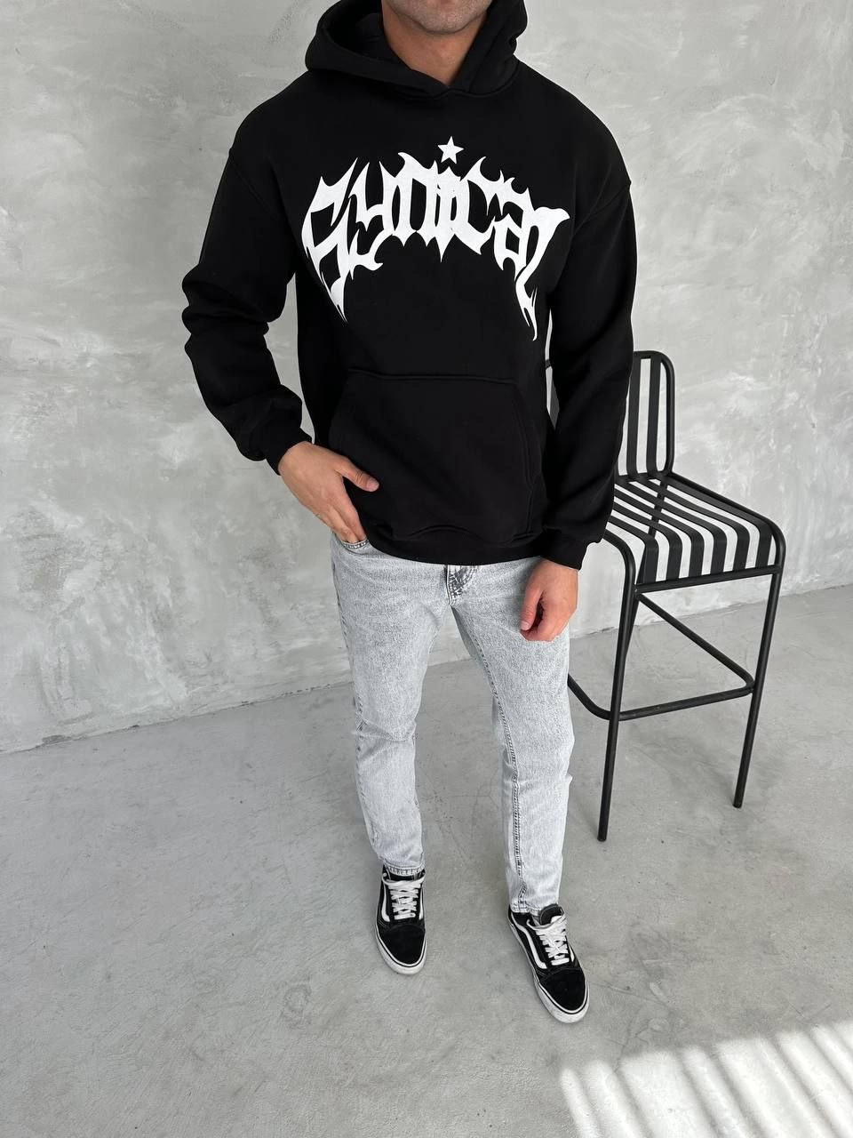 ERKEK Üç İplik Kapüşonlu Baskılı SweatShirt - Siyah