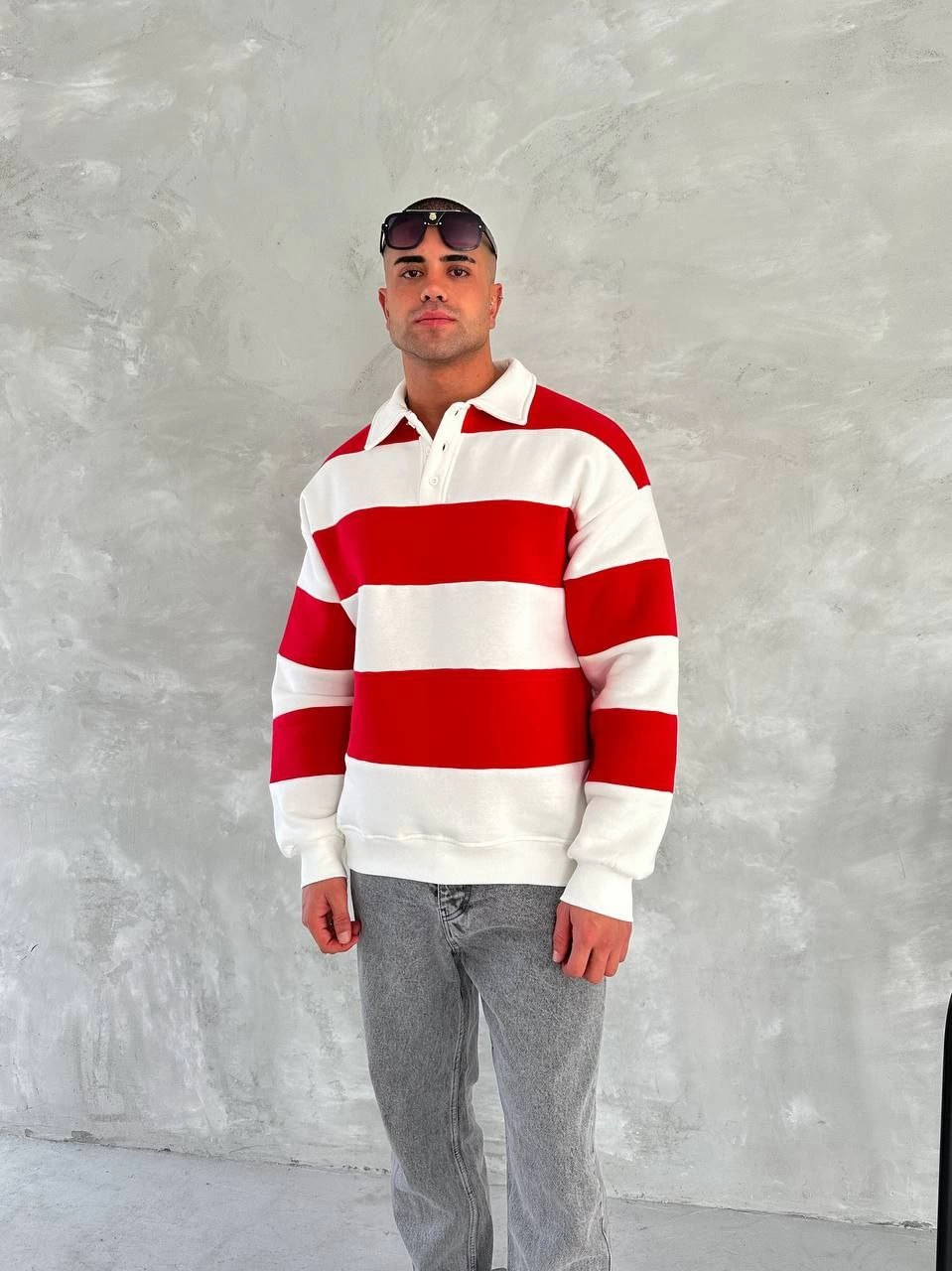 Erkek Üç İplik Parçalı Yakalı SweatShirt - Kırmızı