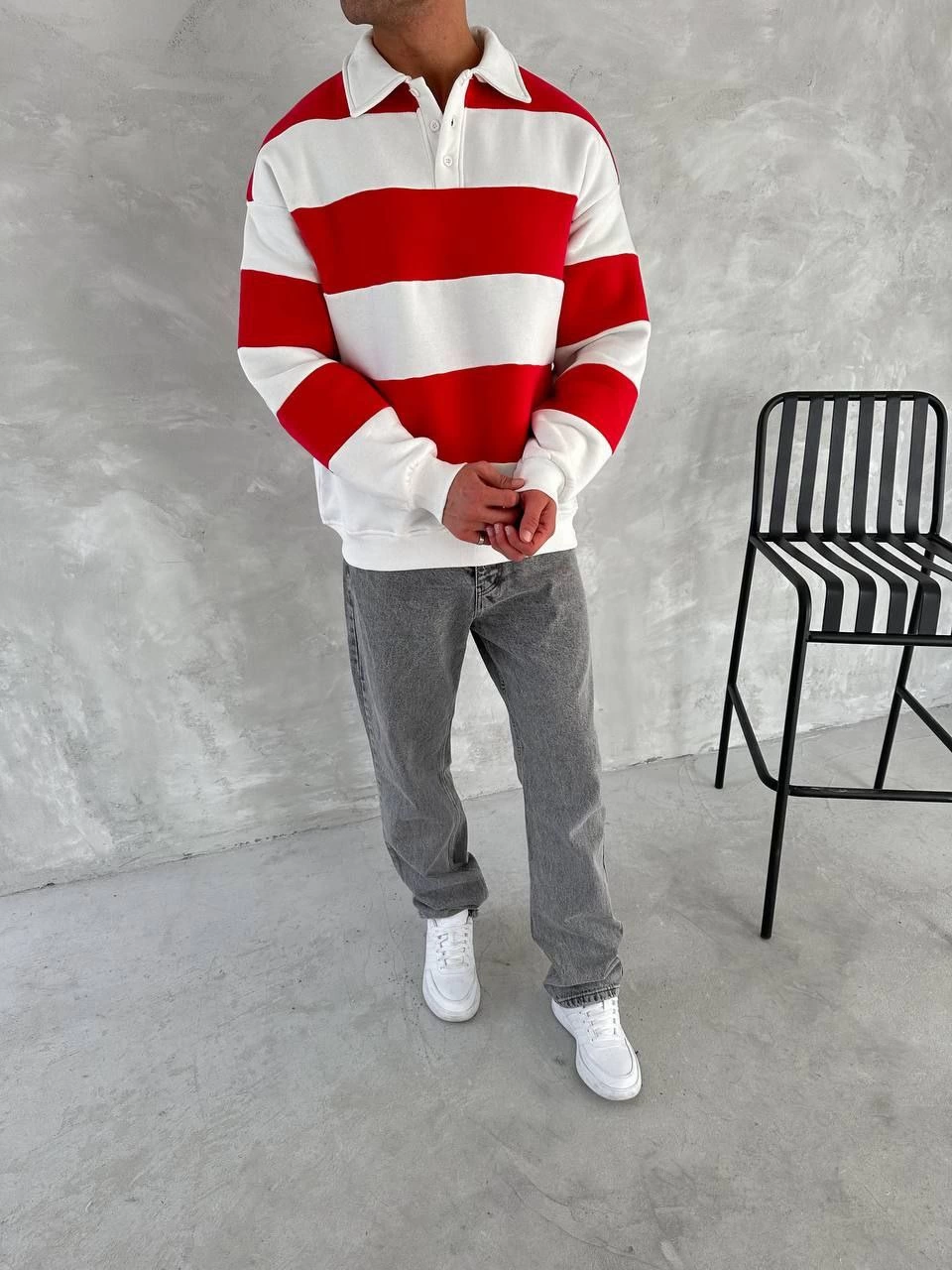 Erkek Üç İplik Parçalı Yakalı SweatShirt - Kırmızı