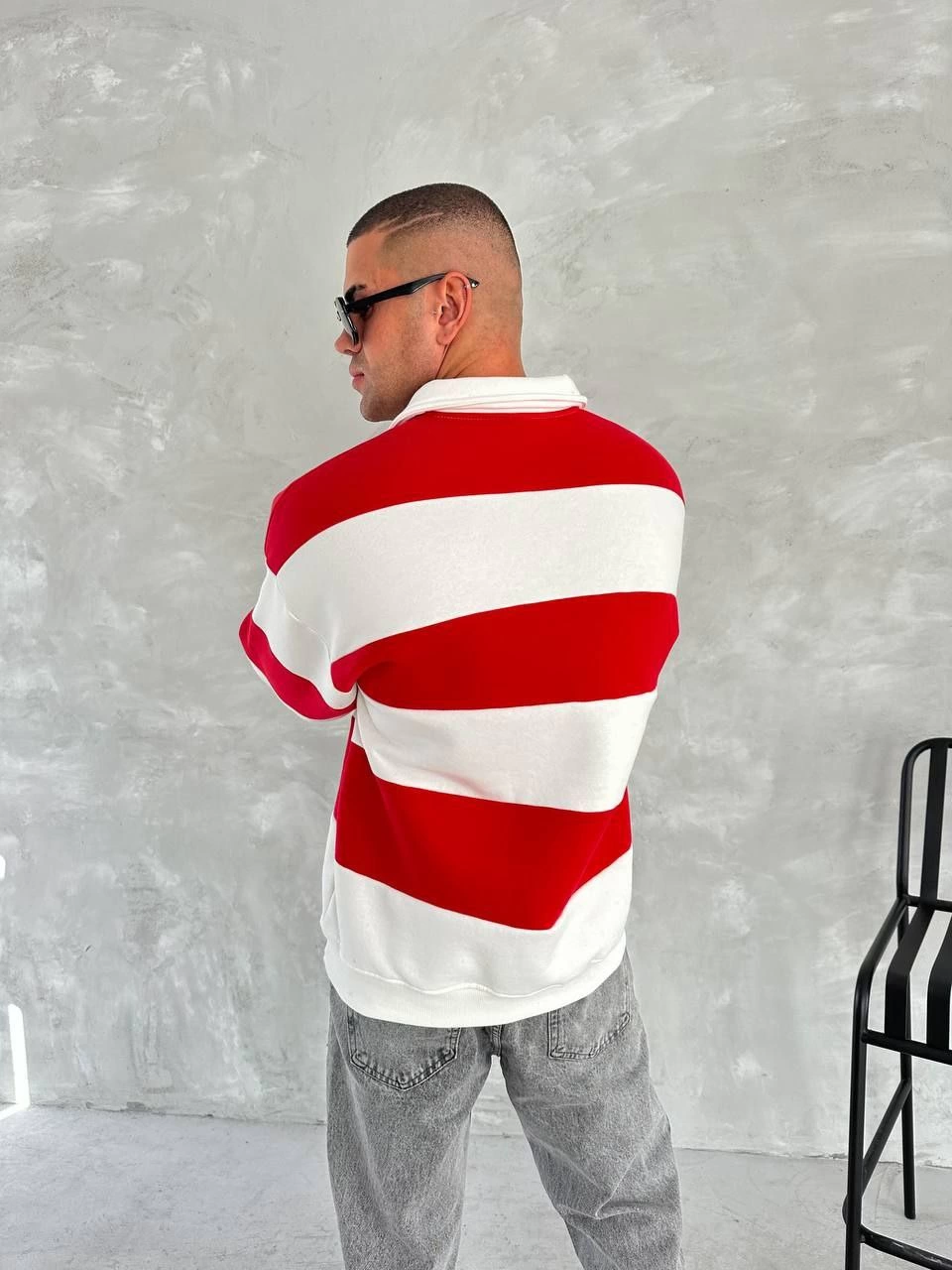 Erkek Üç İplik Parçalı Yakalı SweatShirt - Kırmızı