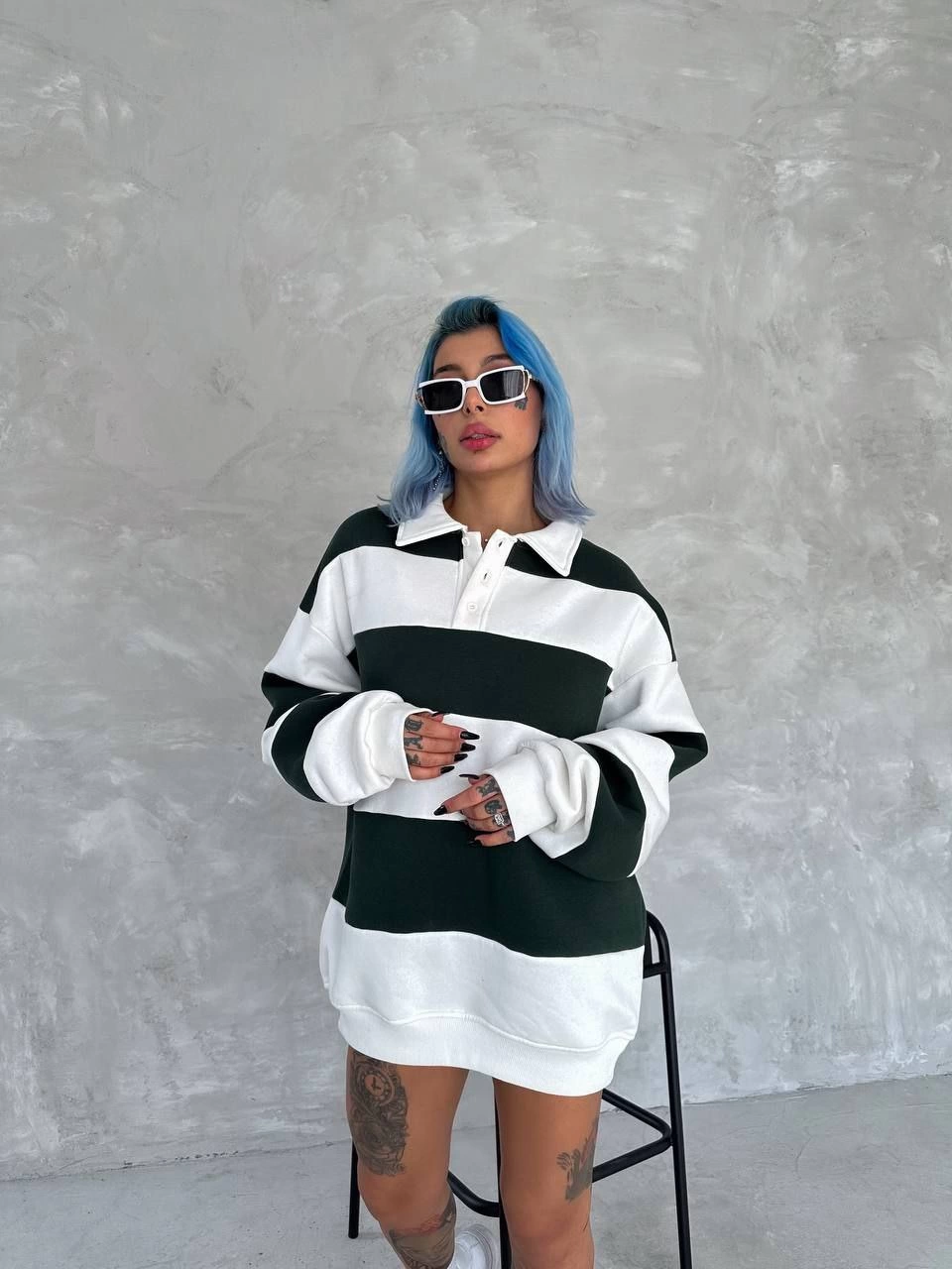 Kadın Üç İplik Parçalı Yakalı SweatShirt - Yeşil