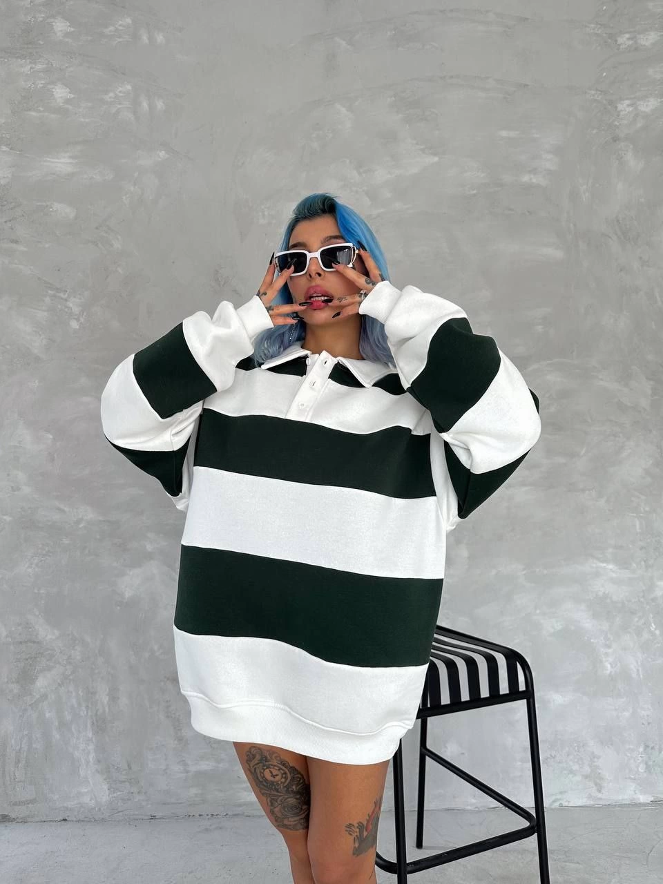 Kadın Üç İplik Parçalı Yakalı SweatShirt - Yeşil