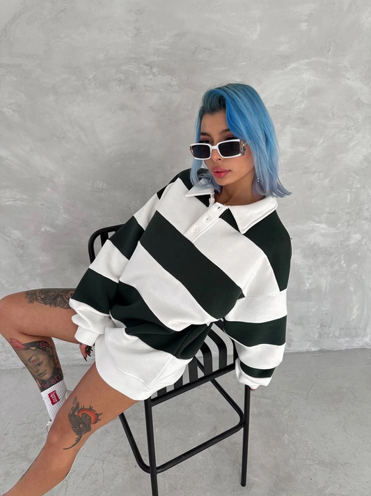 Kadın Üç İplik Parçalı Yakalı SweatShirt - Yeşil