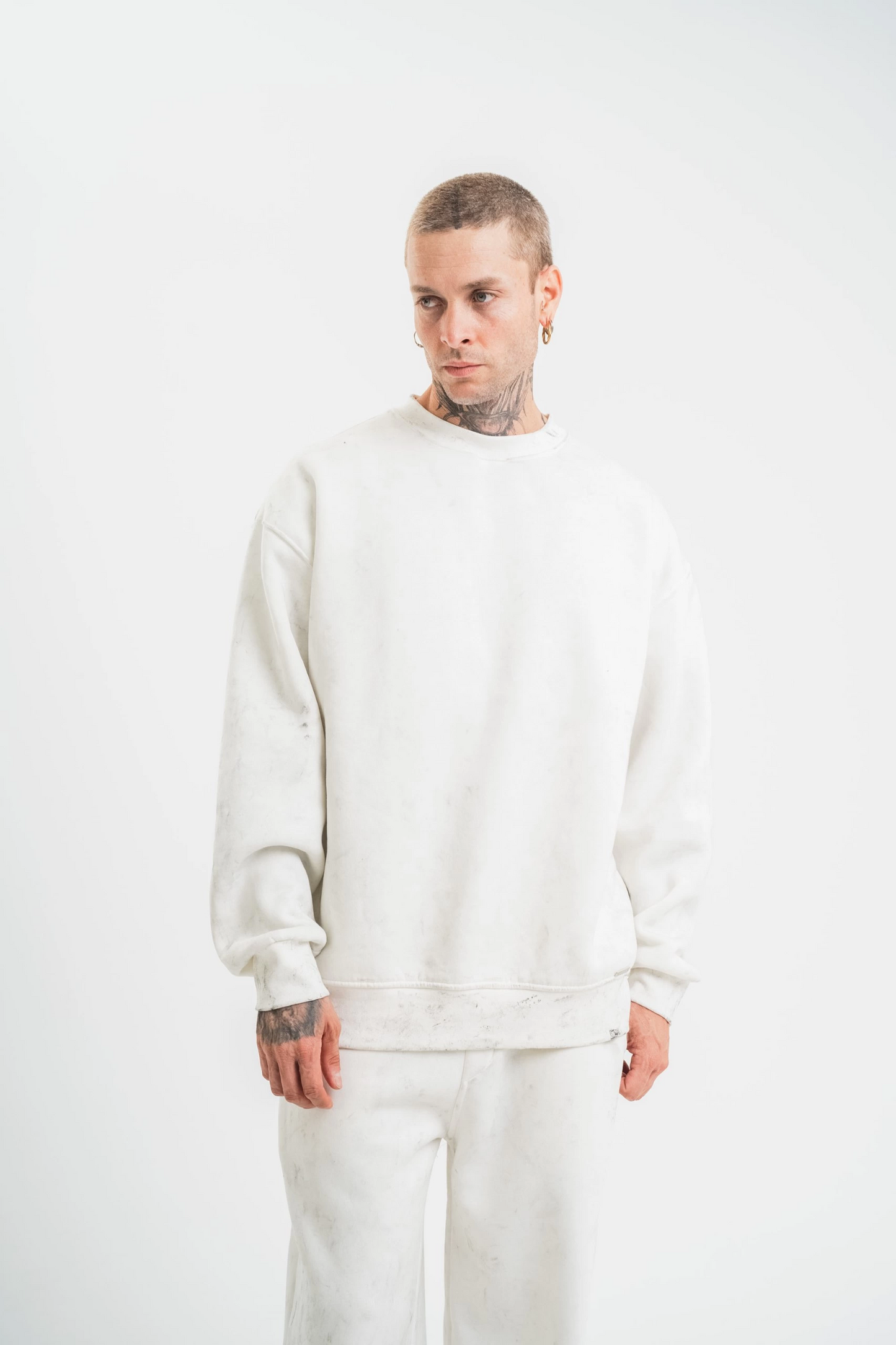 ERKEK Uzun Kol Bisiklet Yaka Yıkamalı SweatShirt - Beyaz