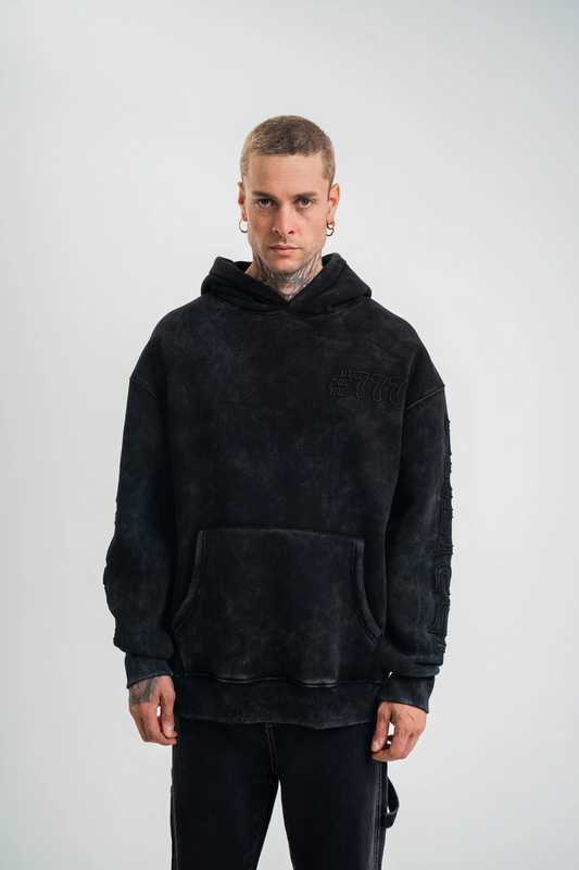 ERKEK Uzun Kol Kapşonlu Yıkamalı Nakışlı SweatShirt - Siyah