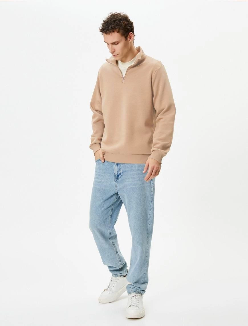 Erkek 3 iplik Pamuklu Uzun Kol Yarım Farmuarlı Yakalı SweatShirt - Bej