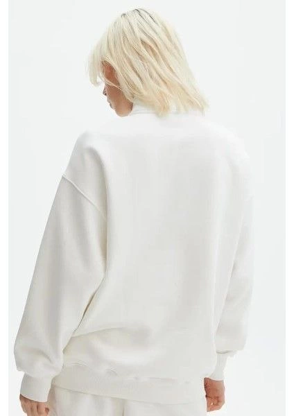 Kadın 3 iplik Pamuklu Uzun Kol Yarım Farmuarlı Yakalı SweatShirt -  Beyaz