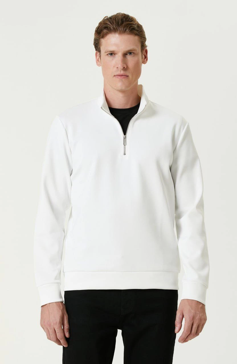 Erkek 3 iplik Pamuklu Uzun Kol Yarım Farmuarlı Yakalı SweatShirt - - Beyaz
