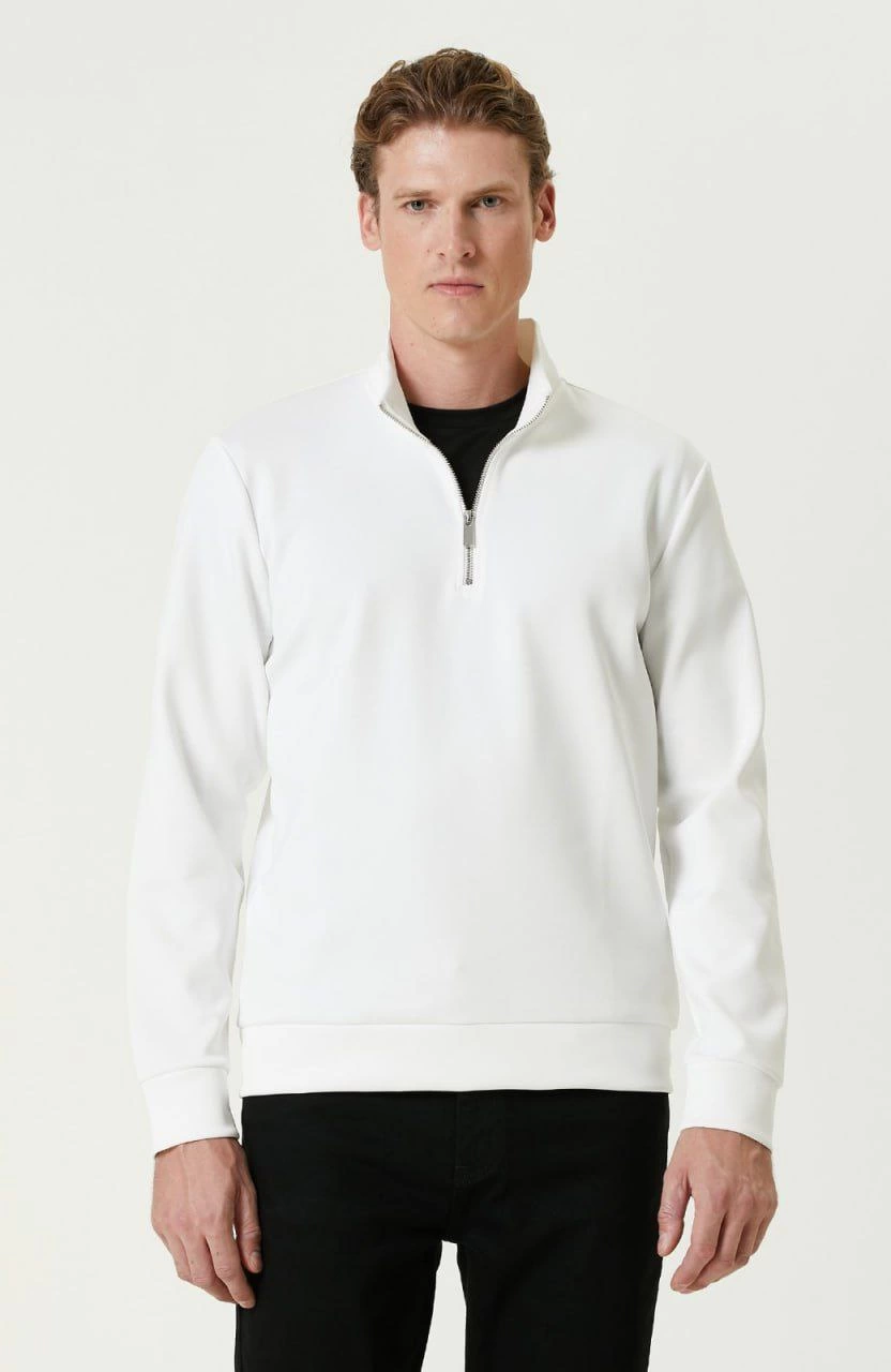 Erkek 3 iplik Pamuklu Uzun Kol Yarım Farmuarlı Yakalı SweatShirt - - Beyaz