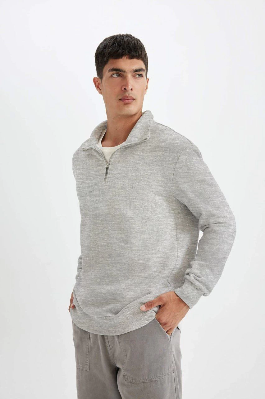 Erkek 3 iplik Pamuklu Uzun Kol Yarım Farmuarlı Yakalı SweatShirt - Gri