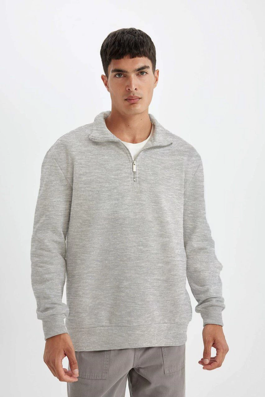 Erkek 3 iplik Pamuklu Uzun Kol Yarım Farmuarlı Yakalı SweatShirt - Gri